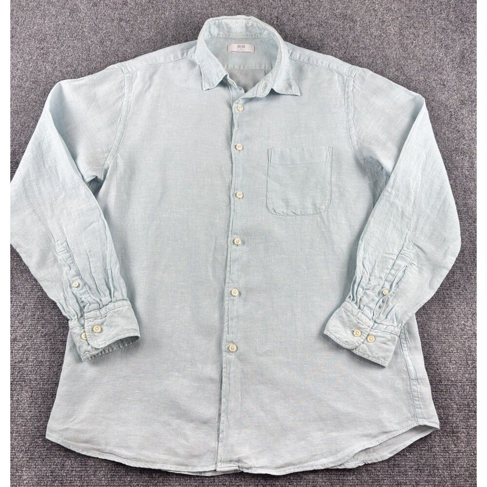 Uniqlo Mens XL 100% Linen Shirt Light Blue Long Sleeve